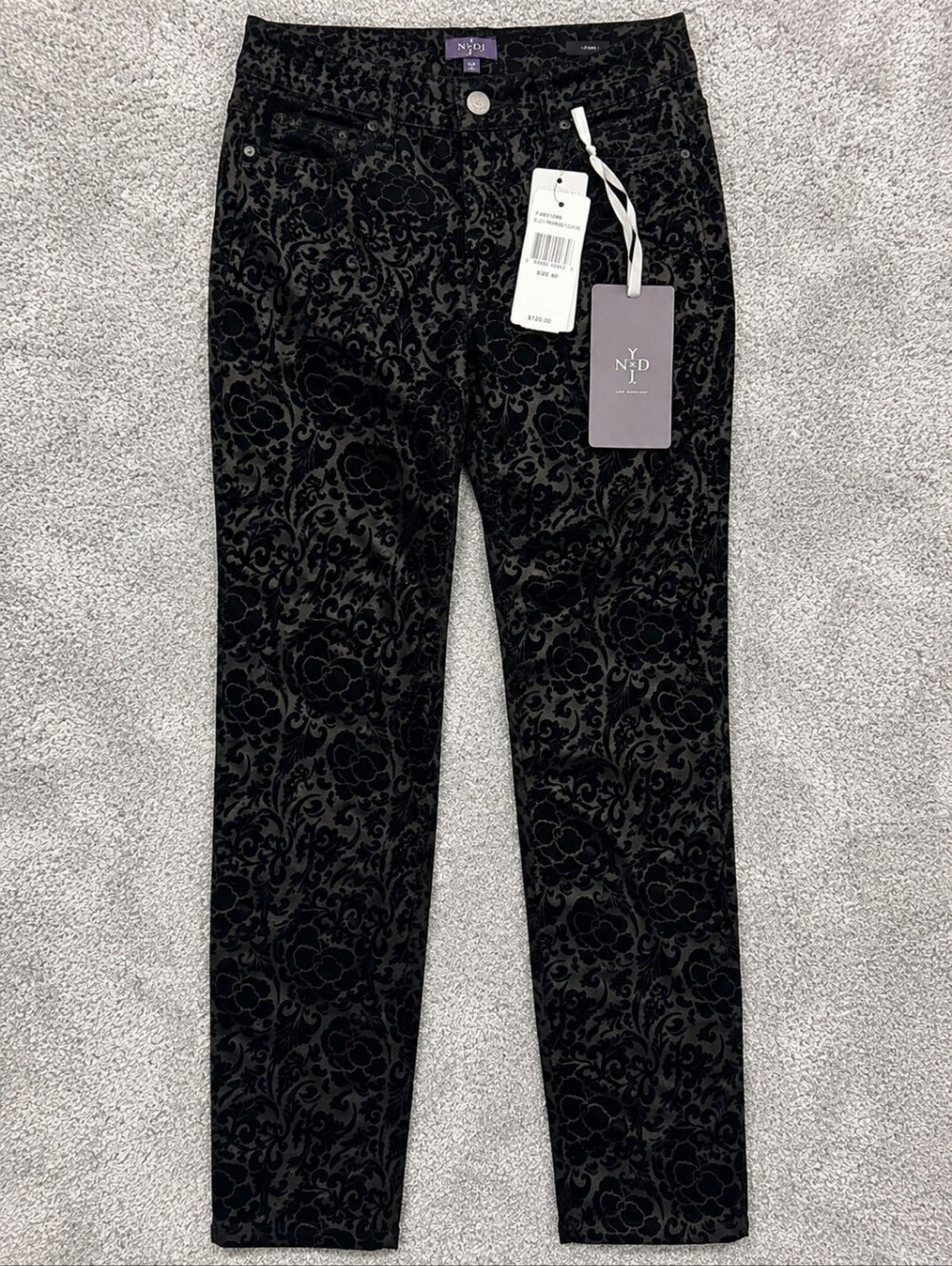 NWT NYDJ Black Prairie Rose Flocking Skinny Jeans Women's 6P Petite $120